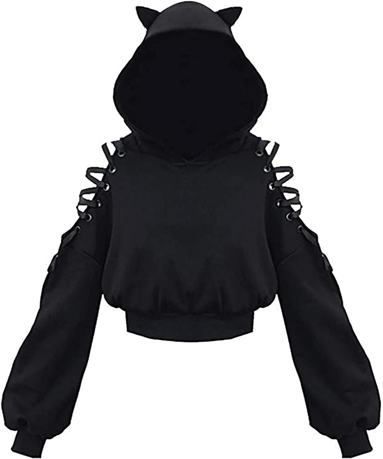 AmiblvowaWomens Long Sleeve Cute Cat Ear Pullover Hoodie Crop Top Gothic Cold Shoulder Lace Up Y2k E-Girl Sweatshirt
