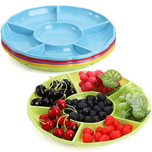 Frcctre 10 Pack 6 Sectional Round Plastic Appetizer Serving Tray, 12 Inch Disposable Divided Snack Serving Tray Food Tray Nut And Candy Serving Plate Veggie Fruit Dish Platter #TOP26
