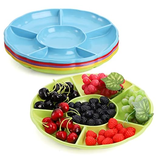 Frcctre 10 Pack 6 Sectional Round Plastic Appetizer Serving Tray, 12 Inch Disposable Divided Snack Serving Tray Food Tray Nut and Candy Serving Plate Veggie Fruit Dish Platter