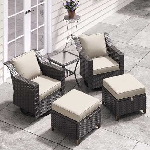 Image of 5 Pieces Patio Conversation Furniture Set - Swivel Chairs with Ottomans Set of 2, 1 Side Table, Outdoor Wicker Furniture Set with Washable Cushions for Porch, Balcony, Sunroom (Beige) | Patio Chair Set with Olefin Removable Cushion, All-Weather Glider Swivel Chair Set with Deep Seat for Porch, Deck, Beige