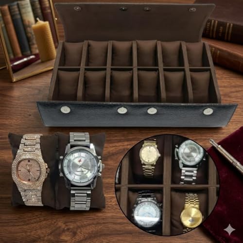 Image of essart 12-Slot Watch Roll Case - Luxury PU Leather Travel Watch Organizer for Men & Women | Portable Watch Storage Case | Scratch-Resistant & Protective