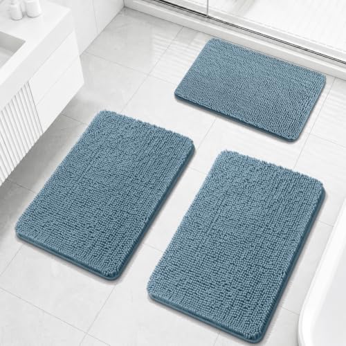 OLANLY Bathroom Rugs Sets 3 Piece, 30"x20"+30"x20"+24"x16", Airy Blue