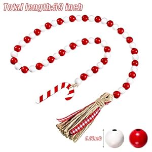 Chuangdi christmas wooden bead garland wreath with tassels 39 ines decorated with candy canes wood bead garland for christmas tree tiered tray decor home farmhouse wall hanging ornamentsred white  urban country home decor