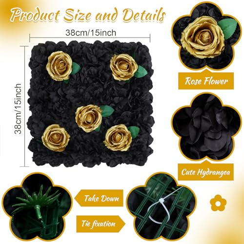 Image of Artificial Flower Wall Backdrop Panels Black Gold 5ftx3.74ft White Rose Halloween Backdrop 3D Floral Wall for Valentine's Day Party Event Photoshoot Background Decorations