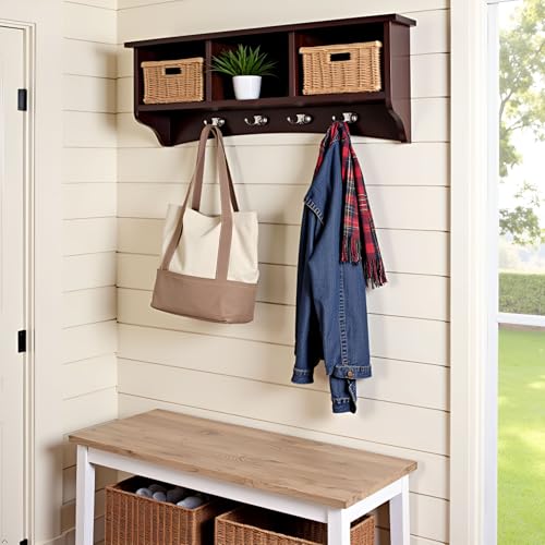 Image of Alaterre Furniture Shaker Cottage Wall-Mounted Coat Rack with 3 Storage Cubbies and 4 Hooks - Space-Saving Storage Rack and Wall Shelf Organizer for Entryway, Hallway, or Mudroom (Espresso Finish)