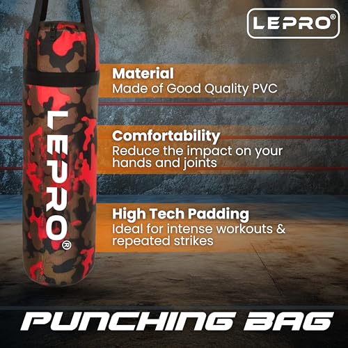 Image of LEPRO Kids Boxing Kit, Kids Punching Bag Set, Hanging Boxing Bag with Boxing Gloves & Headgear, Kids Boxing Set for 2-8 Years for Karate Muay Thai Kick Taekwondo Training (Camo Red)