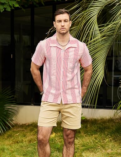 VATPAVE Mens Casual Striped Shirts Short Sleeve Button Down Summer Shirts Regular Fit Beach Shirts with Pocket3