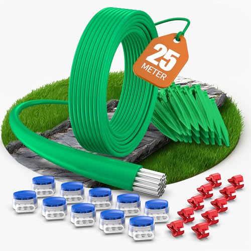 COZCLAM 25m Universal Begrenzungskabel Mähroboter mit 25 Erdspieße + 10 Kabelverbinder + 10 Anschlussklemmen, Rasenroboter Zubehör Set mit Begrenzungsdraht, Kompatibel mit Gardena/Bosch/Worx