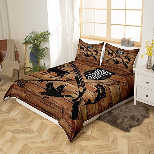 Retro Hunt Fish Full Size Duvet Cover Set,Retro Farm Wooden Board Comforter Cover With 2 Pillowcases,3Pcs,Deer Bird Fish Animal Hunting Polyester Bed Spread For Boys Teens Bedroom Decor #TOP2