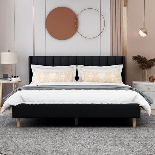 Image of AGARTT Upholstered Platform Bed Frame King Size with Headboard and Footboard /Wooden Slats Support /No Box Spring Needed /Easy Assembly,Black Linen