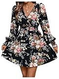 Floerns Women's Floral Wrap V Neck A Line Dress Long Sleeve Elegant Mini Dresses Black Multi Medium