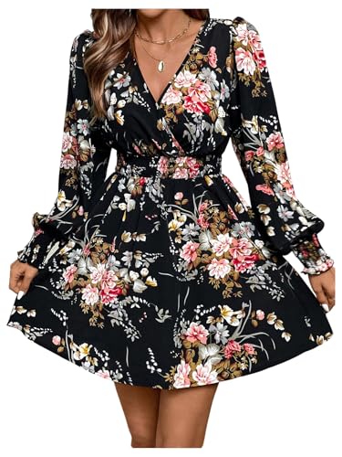 Floerns Women's Floral Wrap V Neck A Line Dress Long Sleeve Elegant Mini Dresses Black Multi Medium