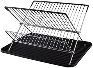 Buckingham Folding 2 Tier Drainer Dish Drying Rack with Board/Tray, Metal, Chrome, 42 x 32 x 25 cm
