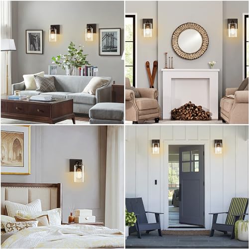 Image of Pia Ricco Wall Sconces Set of Two, Bedside Wall Lamps with Rotary Switch for Bedroom, Modern Bathroom Light Fixtures with Clear Glass Shade, Black Sconces Wall Lights for Living Room, Hallway, Kitchen