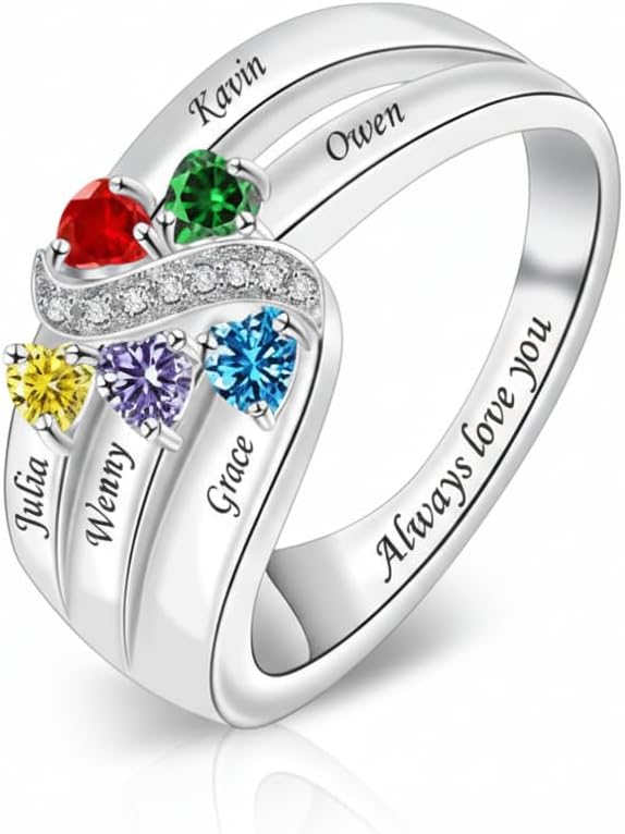 2-6 Birthstones Promise Ring for Women Custom Heart Birthstones Mother Rings Solid 10K/14K/18K White Yellow Rose Gold Engraved Names Engagement Mother Day Rings for Her Wife Mom
