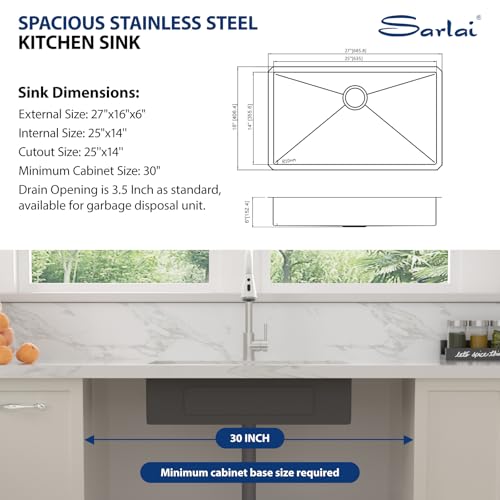 Sarlai ADA Black Kitchen Sink - 27 Inch Undermount Kitchen Sink Gunmetal Black 6-Inch Low Depth ADA Compliant Single Bowl 16 Gauge Stainless Steel 27x16 Inch Under Mount Handmade Sinks Basin by Sarlai - Used condition - Image 5