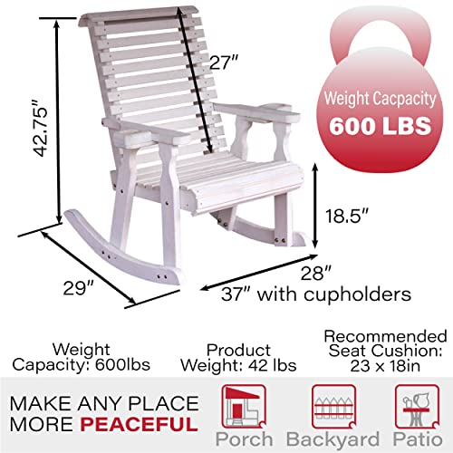 Amish Casual Heavy Duty 600 Lb Roll Back Pressure Treated Rocking Chair With Cupholders (Semi-Solid White Stain) #TOP5