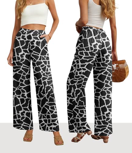 Image of Feiersi Womens Casual Wide Leg Pants High Waisted Button Down Straight Long Trousers Palazzo Pants