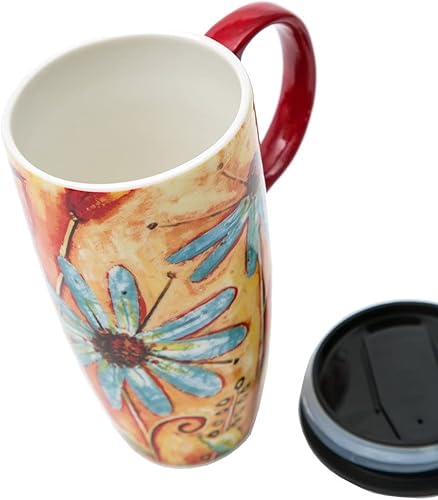 Miniatura 13 de DUSVALLY Taza de cerámica grande taza de café alta tazas de viaje taza de té de porcelana con tapa 17oz, abeja Abeja,Flor azul,Verde,Flamenco,Flor