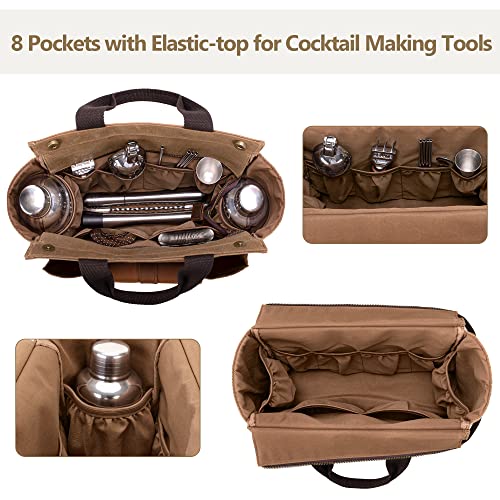 LoDrid Tote Bartender Bag, Genuine Leather Waxed Canvas Portable Carrying Cocktail Shaker Kit Bag with Handle for Travel Home Indoor Outdoor Party (Bag Only)(Patent Design)3