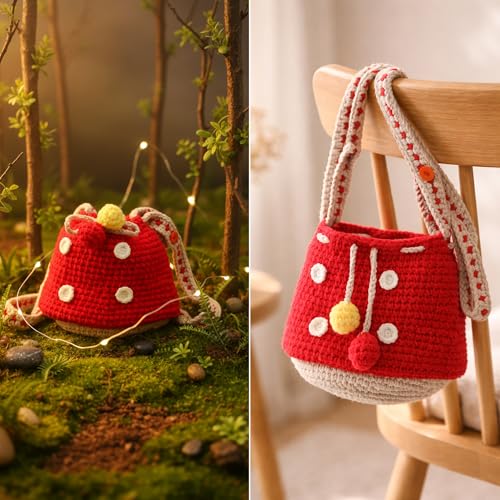 Image of Mushroom Crossbody Purse Tote Bag for Women - Gift Bag Cute Adjustable Strap for Crochet Cottagecore Knitted Drawstring Bag