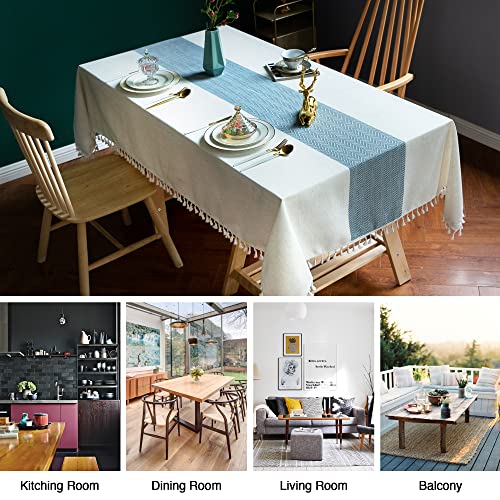 Oubonun Tablecloth For Dining Table Rustic Farmhouse Kitchen Table Cloth Coffee Table Cover, Cotton Linen Fabric Small Rectangle Tablecloths For 6 To 8 Seats, Beige, Blue Stripe, 55X86 Inch #TOP4