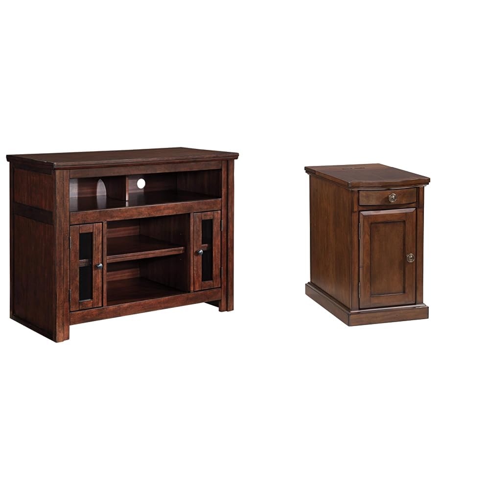 Signature Design by Ashley W797-18 TV Stand, Small, Reddish Brown & Laflorn Traditional Chair Side End Table with 2 USB Ports & Outlets, Medium Brown