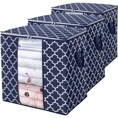 Image of Non-woven Printed Storage Bags [3 Pack /100L] Large Blanket Clothes Organization and Storage Containers for Comforters, Bedding, Foldable Organizer, Blue, Non-Woven Fabric