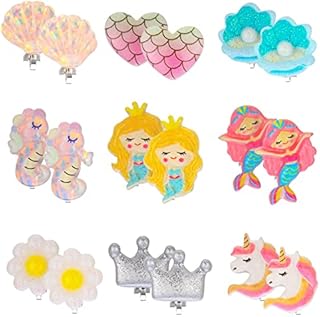 Dacitiery 9 Pairs of Kids Clip On Earrings for Girls, Cute Ear Clip Set Unicorn Mermaid Flower Heart Shell Earrings Set for Kids, Princess Toy Jewellery Accessories for Children