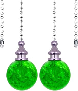 2 Pack Green Glass Ceiling Fan Pull Chain, Fan Lamp String Pulls Crystal Decorative Extension, 12 Inches Ball Chains Extender Ornament with Connector