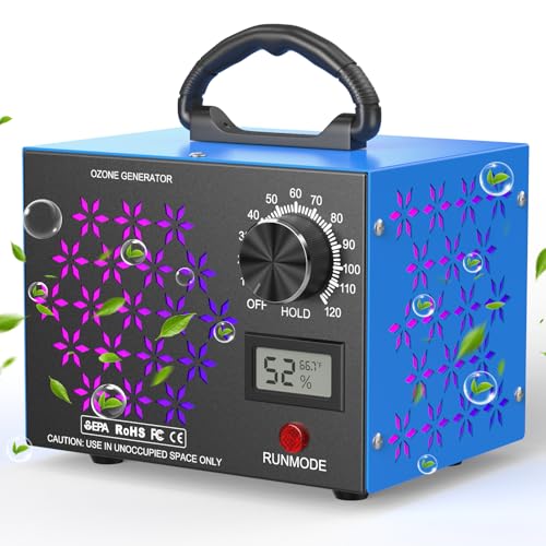 120,000mg/h Ozone Generator Machine with Temp/Humidity Display, Triple Side Vents for Enhanced Airflow - Faster & Wider Ozone Odor Eliminator Air Purifier for Home Car Pets, Up to 6000 Sqft, Blue