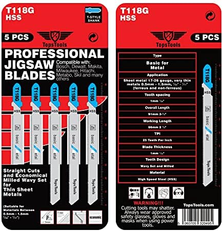 15 x TopsTools T118G Metal Cutting Jigsaw Blades Compatible with Bosch, Dewalt, Makita, Milwaukee and many more