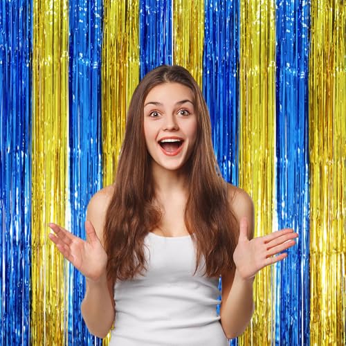 Image of Voircoloria 2 Pack Blue Gold Foil Fringe Backdrop Curtains, Graduation Tinsel Streamers Party Decorations, Fringe Backdrop, Door Shimmer for Birthday Party