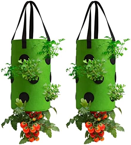 2 Pack Green Upside Down Tomato & Herb Planter, Outdoor Hanging Durable Aeration Fabric Strawberry Planter Bags