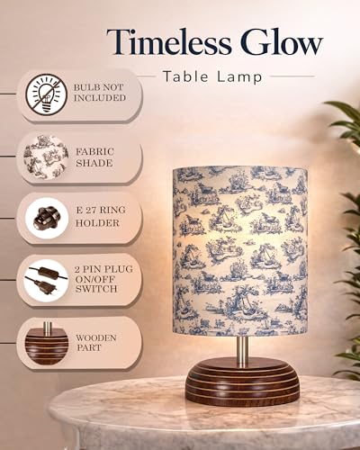 Image of Homesake Wooden Base Table Lamp with Fabric Drum Shade Aara | Warm Ambient Bedside Lamp for Bedroom, Living Room, Study, Office, Modern Classic Night Lamp Home Decor, (KD Toilet de jouy)