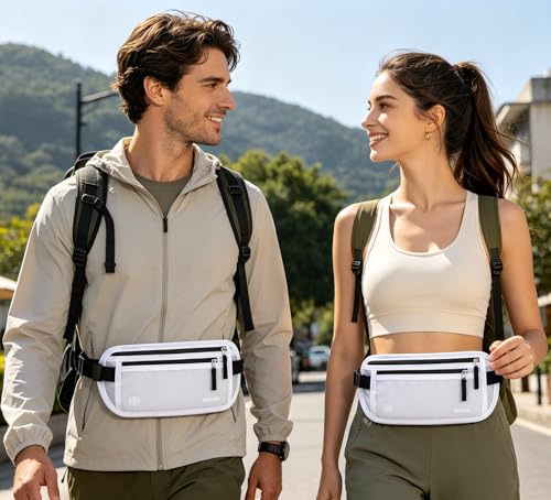 Image of RFID Blocking Money Belt - Passport Holder & Travel Wallet, Slim Hidden Fanny Packs for Women Men - White