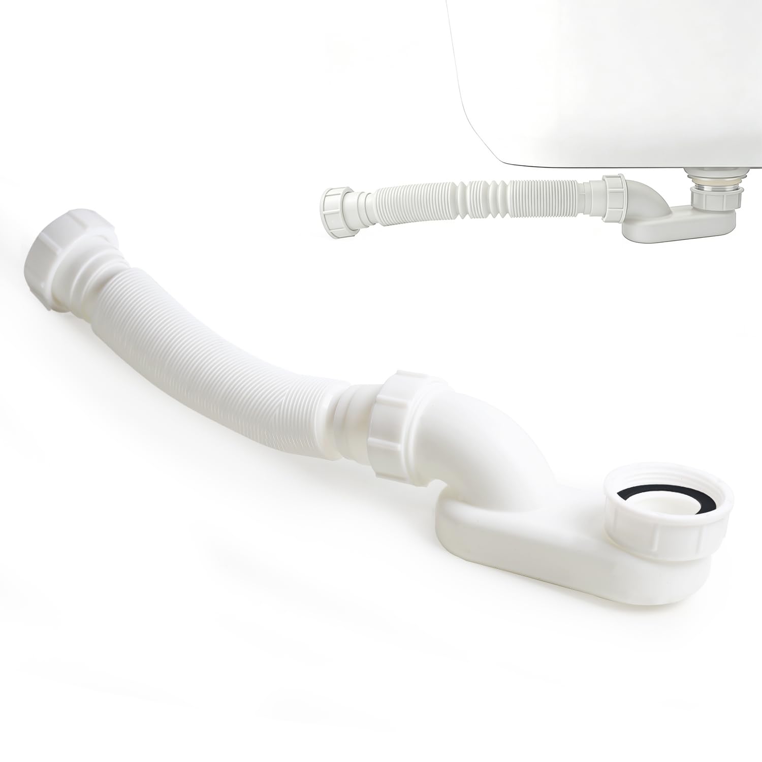 Low Profile 1-1/2" P Trap Flexible Bathtub Shower Drain Pipe Kit, Flat Freestanding Tub Drain Tube for Bath & RV, Adjustable Corrugated Drain Plumbing Replacement, PP Durable Anti-Corrosion