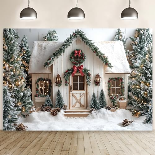 MEHOFOND 7x5ft Winter Christmas Tree Decoration Photography Backdrops White House Retro Wood Door Winter Snowfield Photo Background by MEHOFOND - Used condition - US$6.50