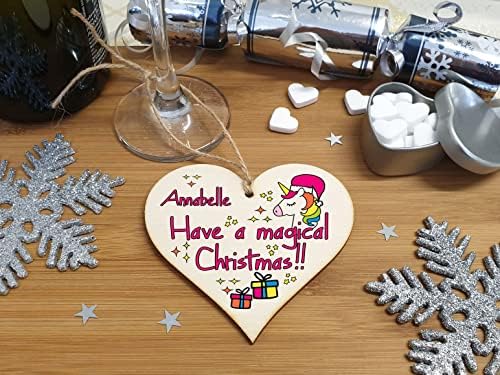 Personalised Handmade Christmas Hanging Wooden Heart Plaque Decoration Gift to wish someone special a magical merry xmas novelty unicorn fun festive bauble