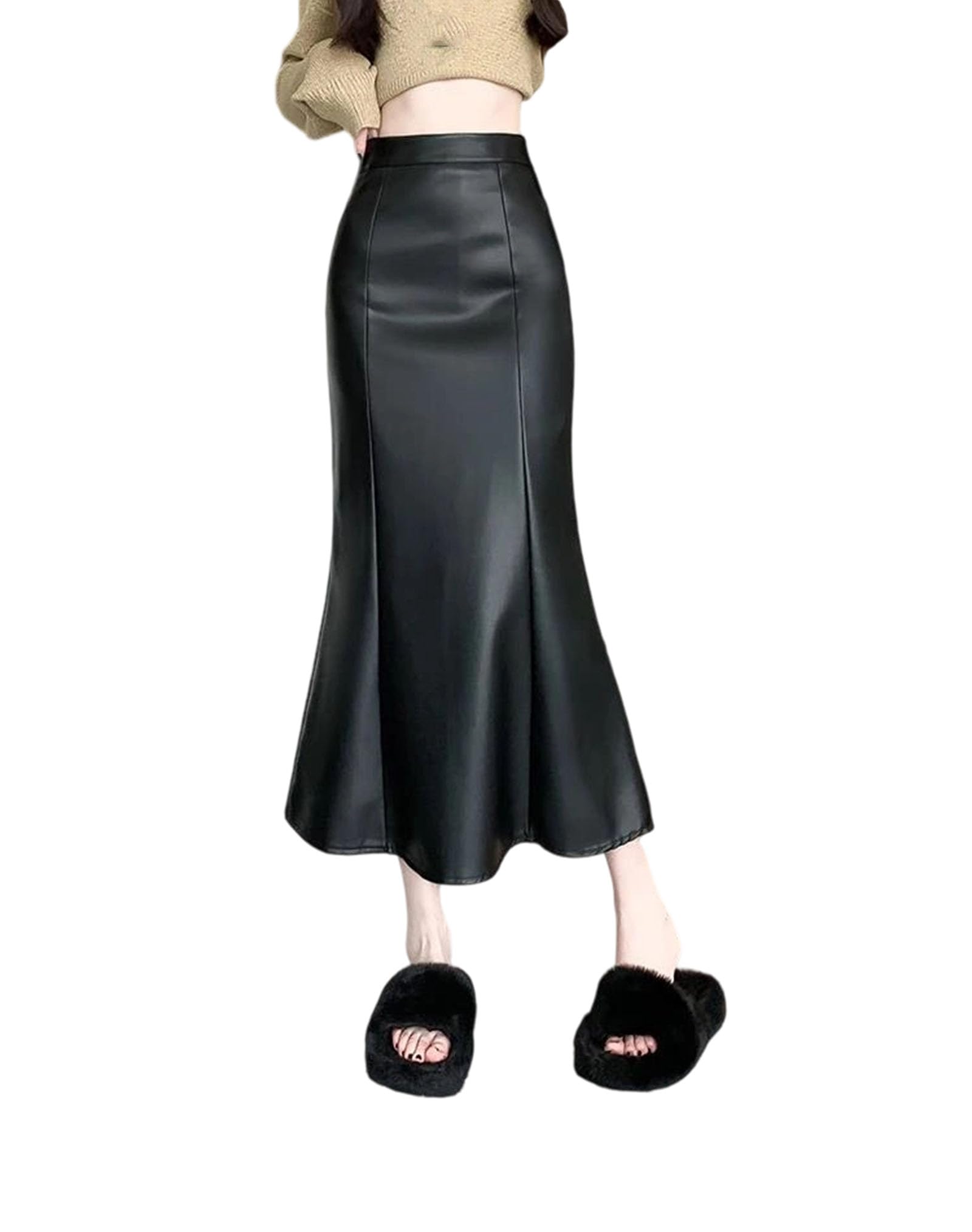 Womens Slim Fit High Waist Leather Skirt Featuring A Flattering Trumpet Mermaid Silhouette in A Long Mid-Calf Length