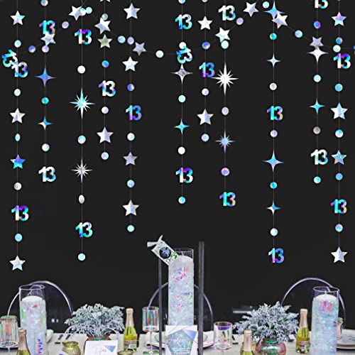 Image of Iridescent 13th Birthday Decorations Number 13 Circle Dot Twinkle Star Garland Metallic Hanging Streamer Bunting Banner Backdrop Girls 13 Year Old Birthday Thirteen Official Teenager Party Supplies
