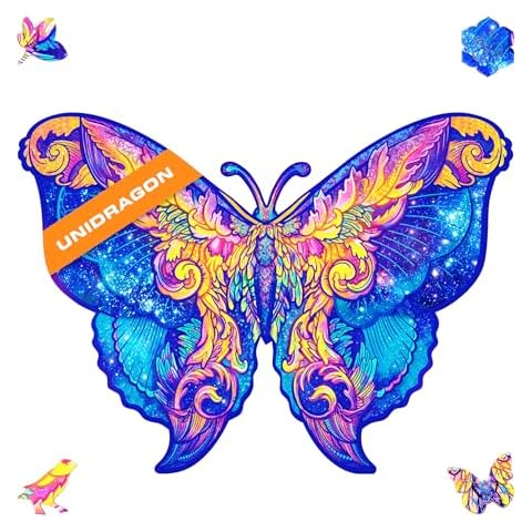 UNIDRAGON Wooden Puzzles for Adults Unique Jigsaw Puzzles - Intergalaxy Butterfly 12.6"x9" 199 PCS Deko with Cut 0.03 mm Wood Accuracy Animal Cover