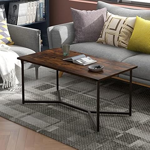 Keebgyy Rustic Wood Coffee Table, Modern Center Table, Industrial Farmhouse Tea Table, Minimalist Vintage Metal Rectangle Cocktail Coffee Dinning Table for Living Room Home Office, Brown Cover