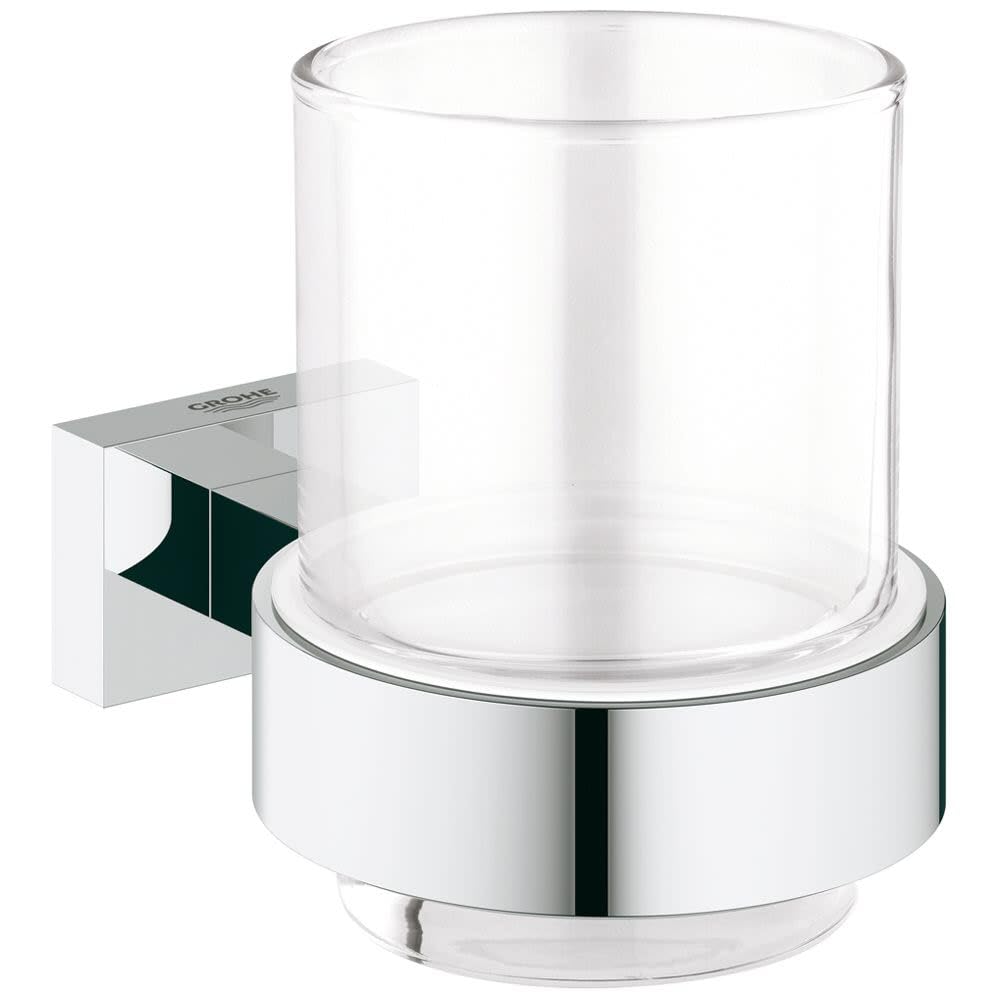 Grohe Chrome 40755001 Essentials Cube Glass Holder With Glass Silver