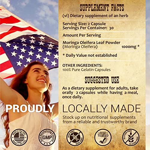 Moringa Capsules - Moringa Oleifera Leaf Powder Supplement - Amino Acid & Antioxidant-Rich Moringa Leaves Extract Superfood For Skin, Hair, Brain, Wellness - 100 Caps, 1000Mg, Made In Usa #TOP5