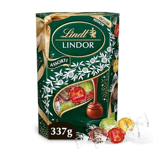 Lindt - Cornet LINDOR Edition Ruban Festif - Assortiment de Chocolats au Lait, Blancs, Double Chocolat et Pistaches - Cœur Fondant - Idéal pour Noël, 337g
