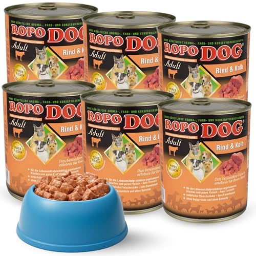 ROPODOG Hundefutter Nassfutter 6×800 g für Erwachsene Hunde Aller Rassen Premium Qualität getreidefrei, proteinreich, gut verträglich – Vollnahrung im Vorratspack (Rind & Kalb)