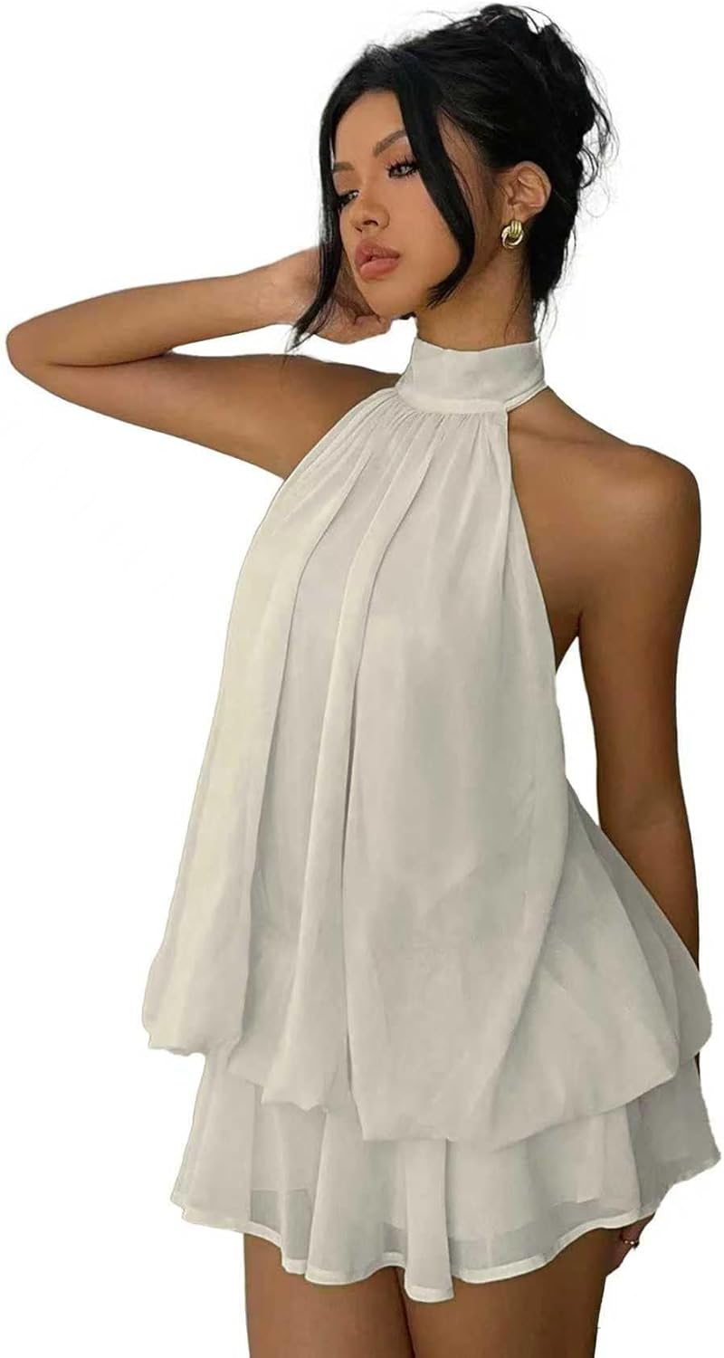 Party Dress for Women Premium Feel Ruffled Bubble Dress Self-Tie Strap Sexy Sleeveless Backless Fitted Mini Dress - Image 2