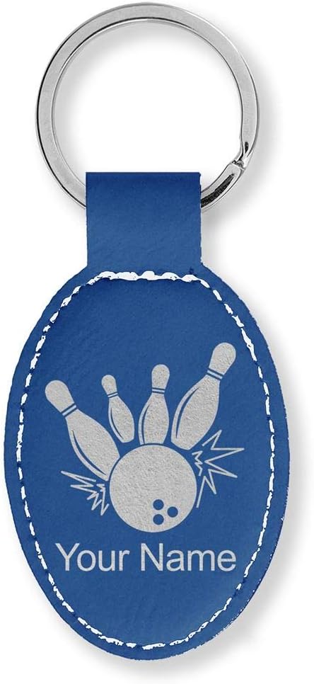 LaserGram Oval Keychain, Bowling Ball and Pins, Personalized Engraving Included
