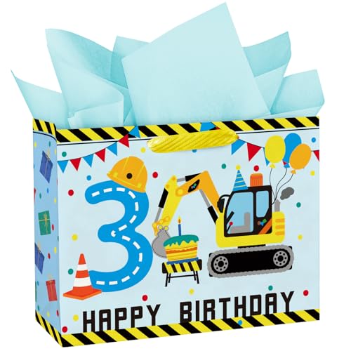 WRAPAHOLIC 13" Large Construction 3rd Birthday Gift Bag with Tissue Paper - Excavator Engineering Paper Bags for Three Year Old Kids Birthday Party